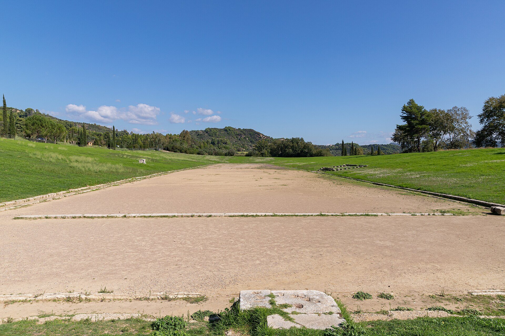 The ancient Stadium at Olympia: the earth running track between grassy embankments