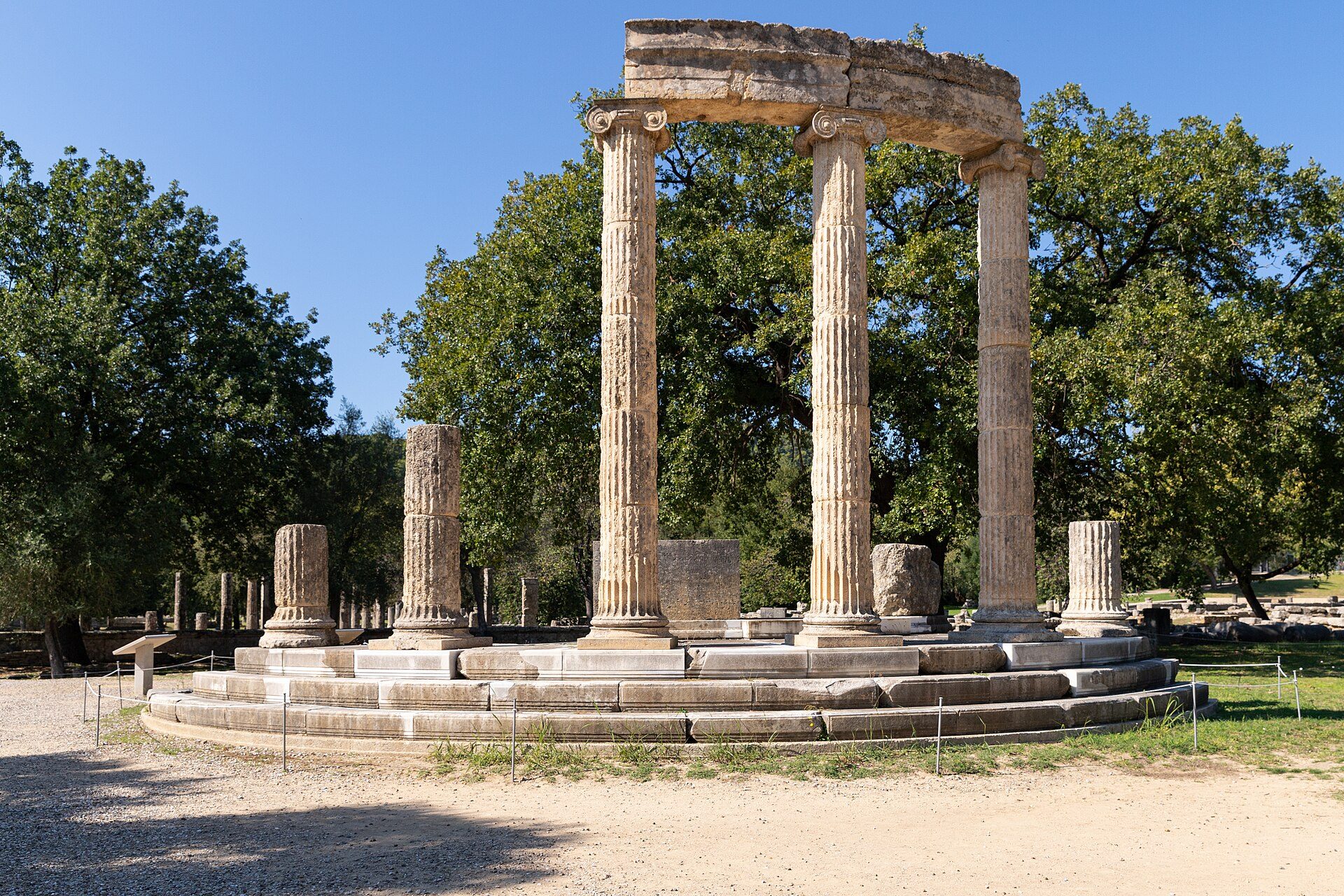 The circular Philippeion memorial with its restored Ionic columns at Ancient Olympia